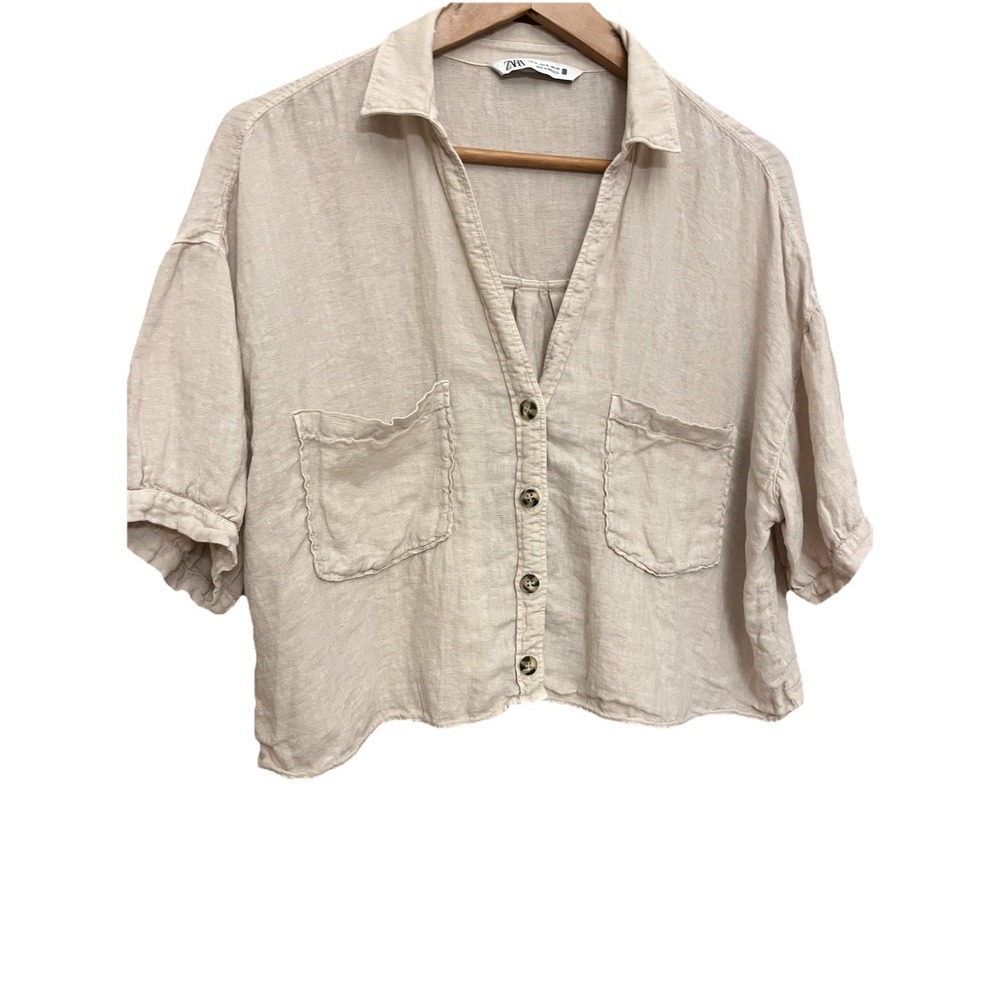 ZARA Women's Shirt Sz XL 100%Cotton Cropped Button Up Beige